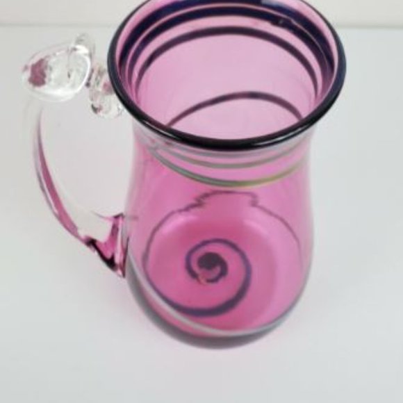Hand Blown Pitcher 7" Shelve Art Glass Pink Silver Swirl Water Lemonade Juice - Picture 9 of 11